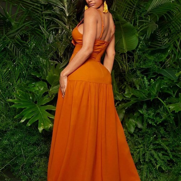 Orange Preppy Womens Solid Knot Front Cut Out Ruffle Hem Cami Dress - Picture 2 of 5